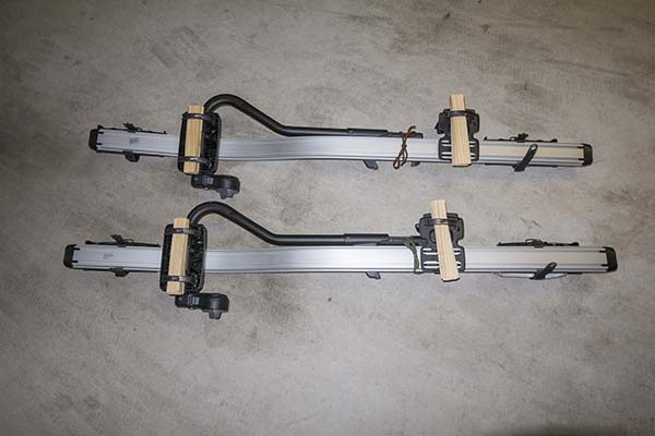 Photograph of Thule ProRide 591 roof top bike carriers packed for storage.